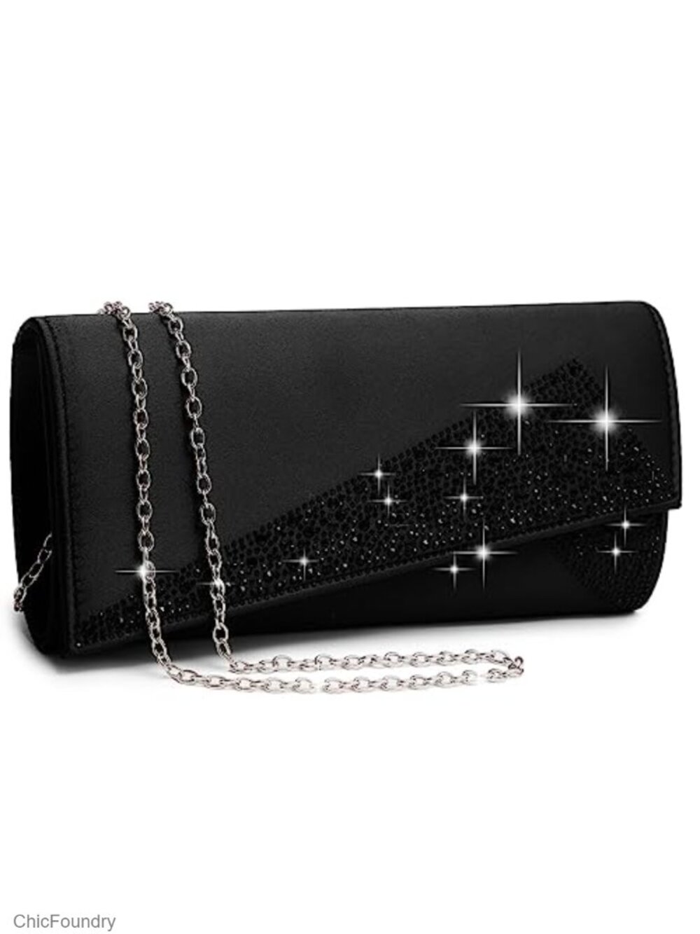 Satin Rhinestone Evening Clutch Purse with Chain Strap